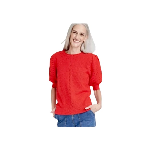 Knox Rose Women's Crewneck Short Sleeve Pointelle Sweater Red Open Knit Small - Picture 2 of 11